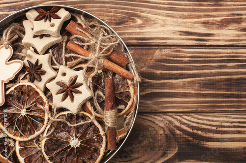 Wooden christmas background with handmade christmas tree toys © olenachukhil
