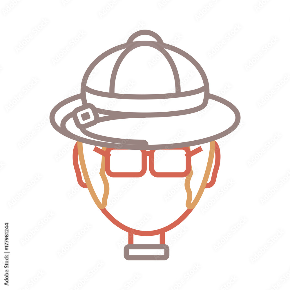 flat line colored man face with safari hat over white background vector illustration flat line colored man face with safari hat over white background vector illustration