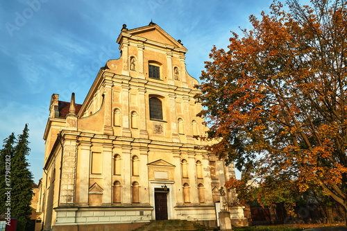 The facade of the Baroque Catholic Church in Poznan in Poland.