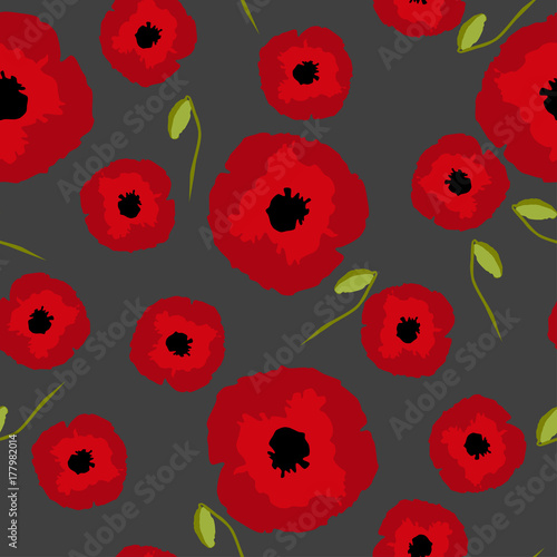 Seamless floral pattern big and small red Poppies flowers with bud on gray background, vector, eps 10
