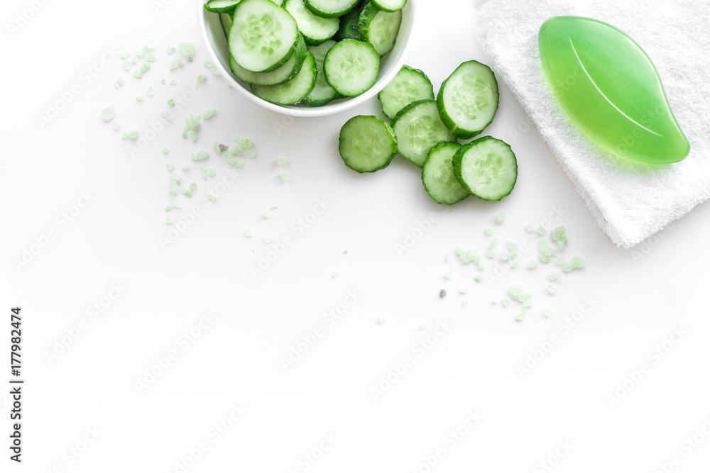 Sliced cucumber for face mask on white background top view copyspace Sliced cucumber for face mask on white background top view copyspace