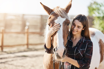 Young beautiful girl petting a horse taking care preparing to become a barn manager at an animal farm.