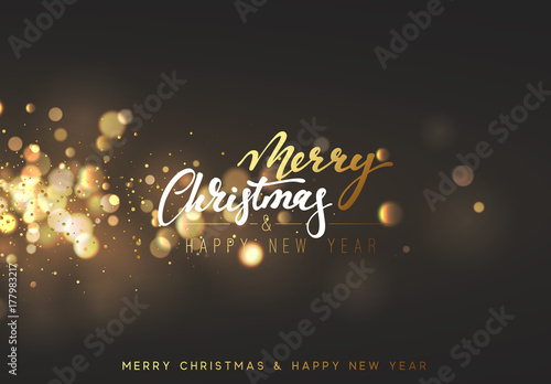 Christmas background with golden lights bokeh. Xmas greeting card.