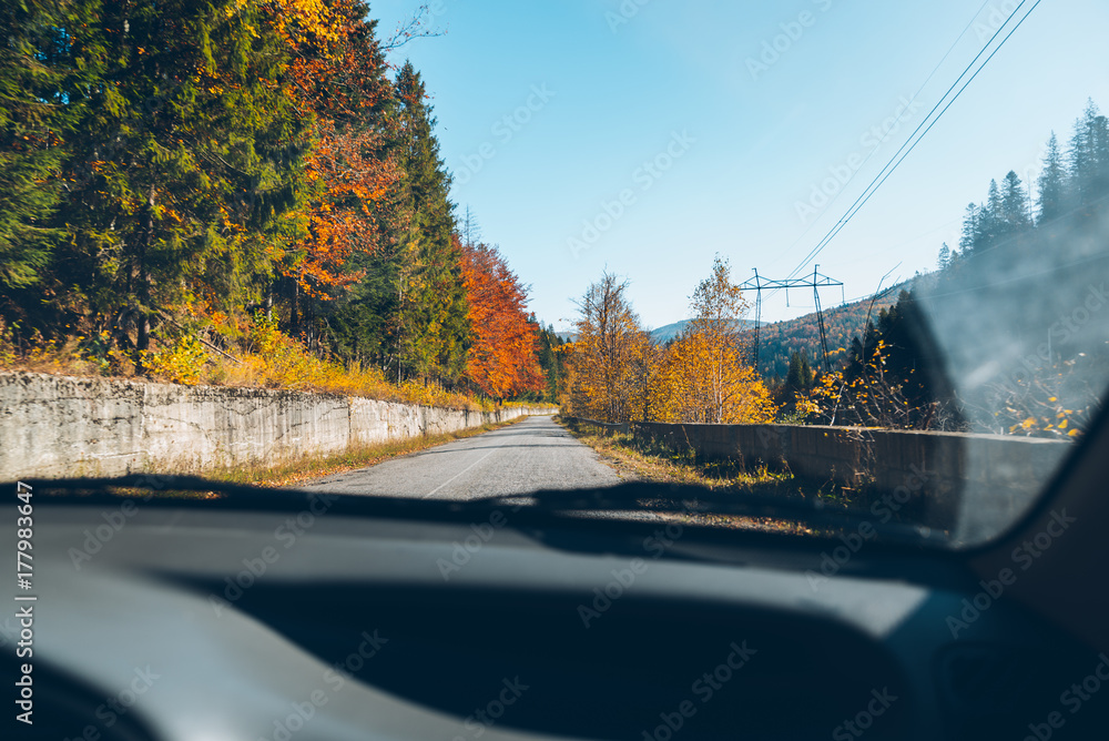 woman driving car in carpathian mountains
