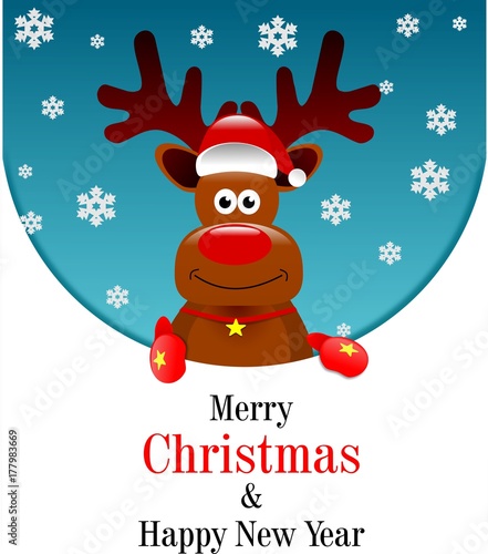 Christmas Reindeer in Santa s cap with merry Christmas text