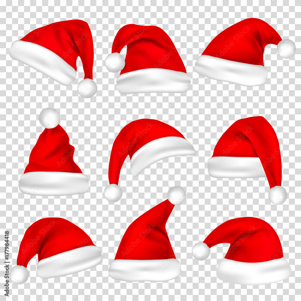 Christmas Santa Claus Hats Set. New Year Red Hat Isolated on Transparent Background. Vector illustration. Christmas Santa Claus Hats Set. New Year Red Hat Isolated on Transparent Background. Vector illustration.