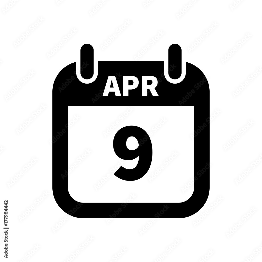 Simple black calendar icon with 9 april date isolated on white Simple black calendar icon with 9 april date isolated on white
