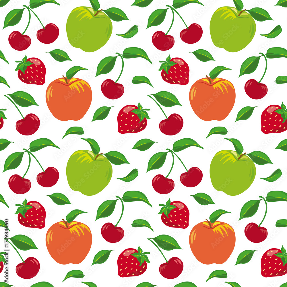 Seamless pattern with fruits and berries, apples, cherries and strawberries, green foliage. Seamless pattern with fruits and berries, apples, cherries and strawberries, green foliage.