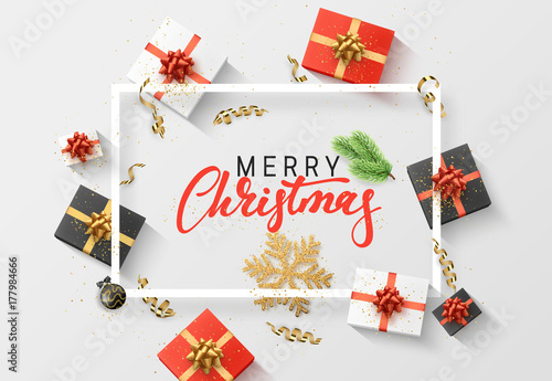 Merry Christmas background. Christmas composition. gift, confetti, golden snowflake and Xmas balls.