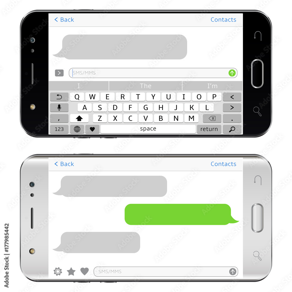 Smart phones with sms chat on screens. Horizontal phone positions. Smart phones with sms chat on screens. Horizontal phone positions.