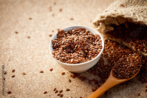 Organic flax seeds in jute sack