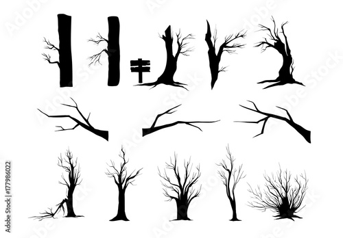 Silhouettes trees and shrubs isolated on white background
