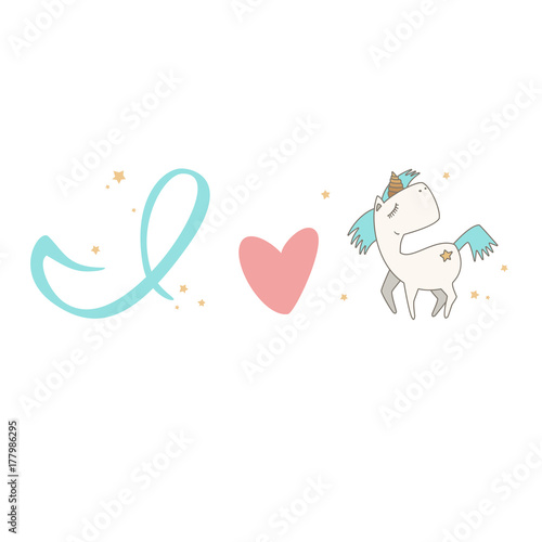 I love Unicorn. Rebus, symbols, graphic design. Background, pastel colors, vector illustration.
