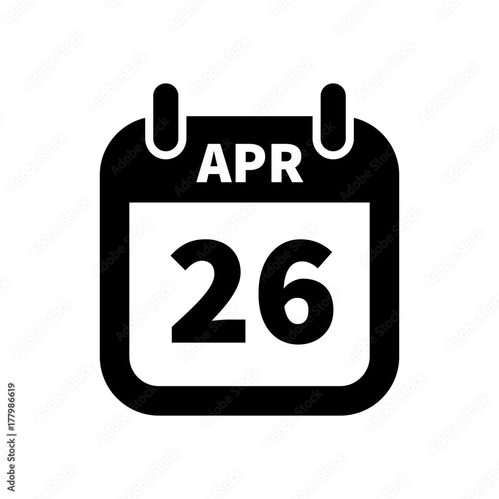 Simple black calendar icon with 26 april date isolated on white Simple black calendar icon with 26 april date isolated on white
