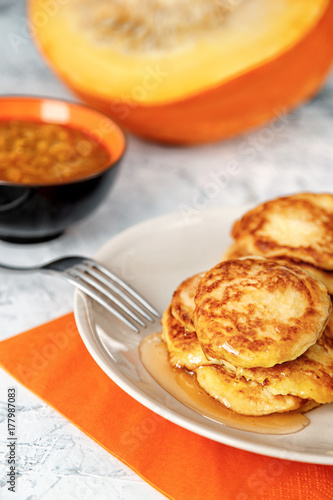 Pumpkin Pancakes With Honey and jam from a pumpkin.  Delicious natural Pumpkin Pancakes. Pumpkin food
