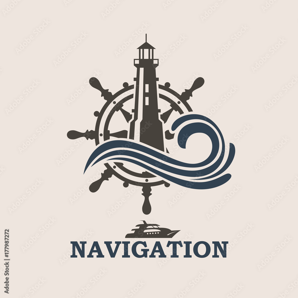 icon of yacht helm wheel and lighthouse with sea waves