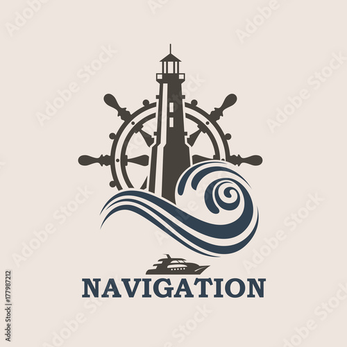 icon of yacht helm wheel and lighthouse with sea waves