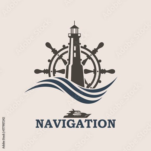 icon of yacht helm wheel and lighthouse with sea waves