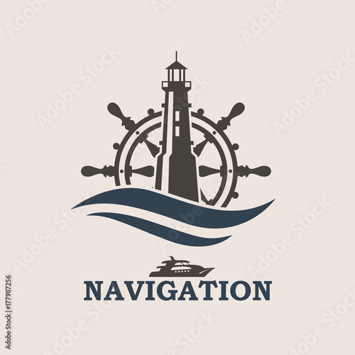 icon of yacht helm wheel and lighthouse with sea waves