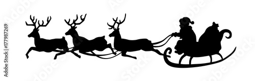 Santa Claus is riding in a sleigh with a cart of deer. Black Santa silhouette isolated on white background. Vector illustration.