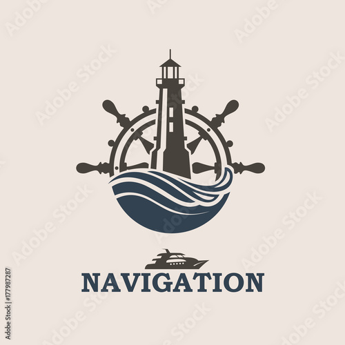 icon of yacht helm wheel and lighthouse with sea waves