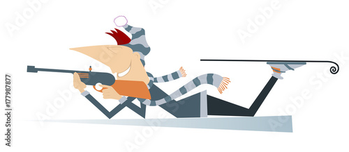 Shooting biathlon competitor isolated. Shooting in the lying position biathlon competitor cartoon illustration
