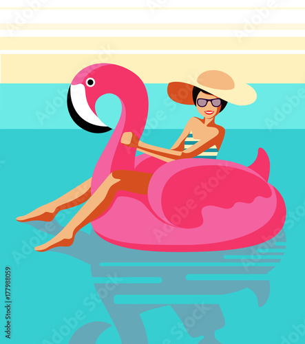 Happy smiling young girl in a swimsuit, glasses and a hat sits on an inflatable pink flamingo in the pool. Retro style. Pop art. Summer concept. Vector illustration.