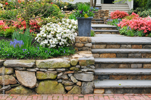 Beautiful Stone Wall And Steps, Colorful Garden, Curb Appeal
