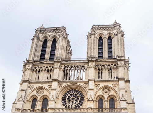 Fragmen of facade of Notre Dame Cathedral on Cite Island. Paris, France
