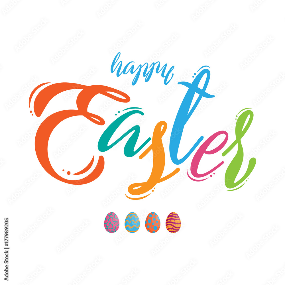 Obraz premium Colorful happy easter lettering with easter eggs different texture, vector illustration