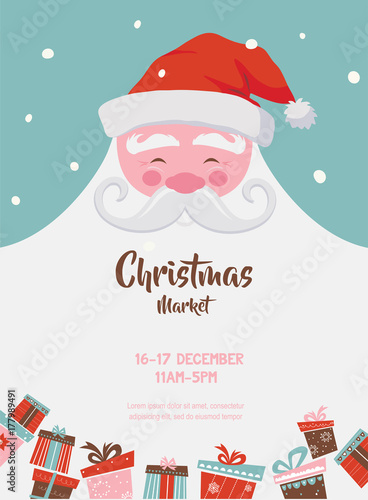 christmas market poster with santa and presents. vector illustration