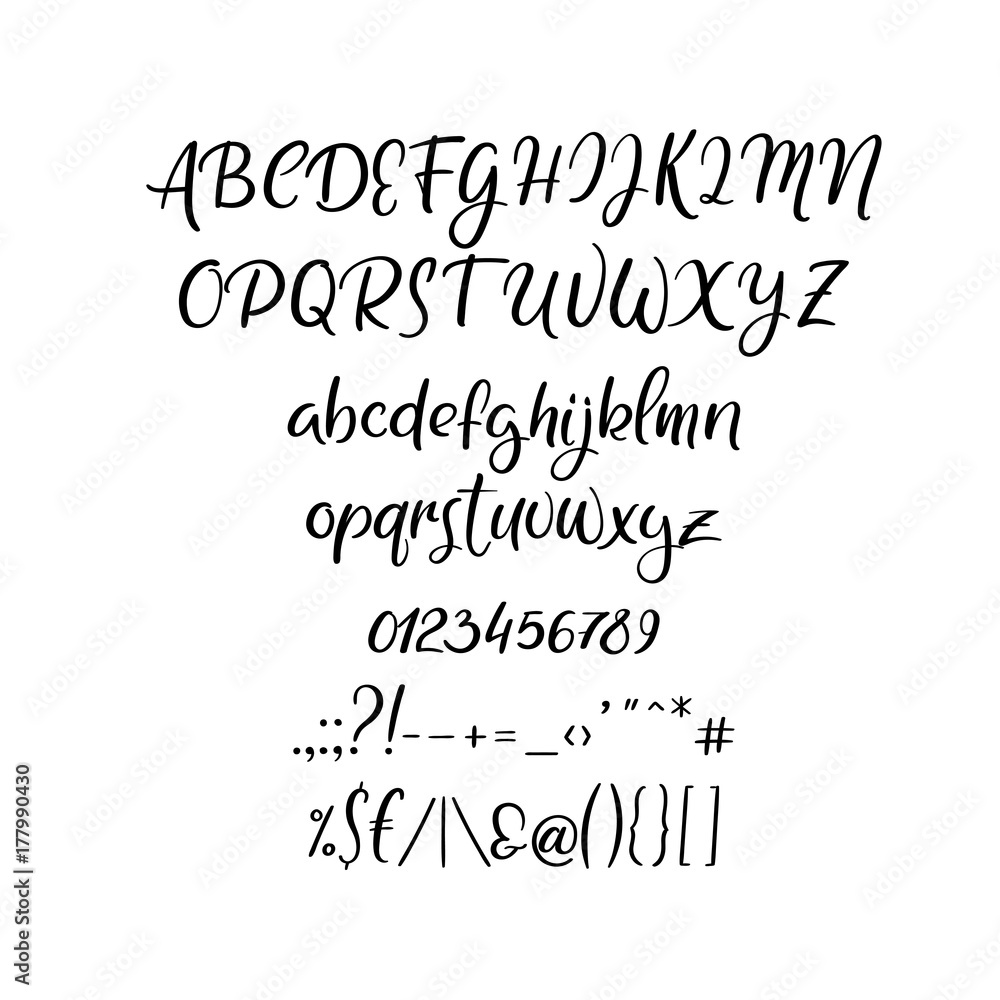 Vector hand drawn alphabet and symbols. Script font isolated on white background. Handwritten alphabet for your designs: wedding decor, logo, posters, invitations, cards, etc. Vector hand drawn alphabet and symbols. Script font isolated on white background. Handwritten alphabet for your designs: wedding decor, logo, posters, invitations, cards, etc.