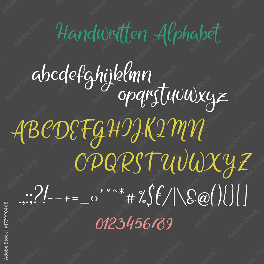 Decorative calligraphic alphabet. Handwritten brush letters and symbols. Uppercase, lowercase. Hand drawn ABC for your designs: wallpaper, pattern, poster, postcard, logo, wedding invitation. Vector.