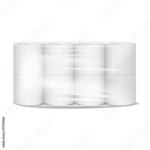 Toilet paper package white mock up with transparent wrapping. Vector realistic illustration template