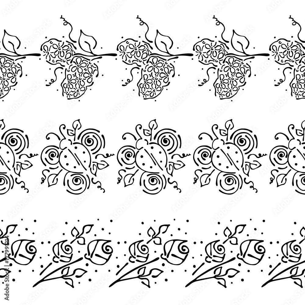 Seamless vector hand drawn floral pattern, endless border Colorful frame with flowers, leaves, butterfly. Decorative cute graphic line drawing illustration.