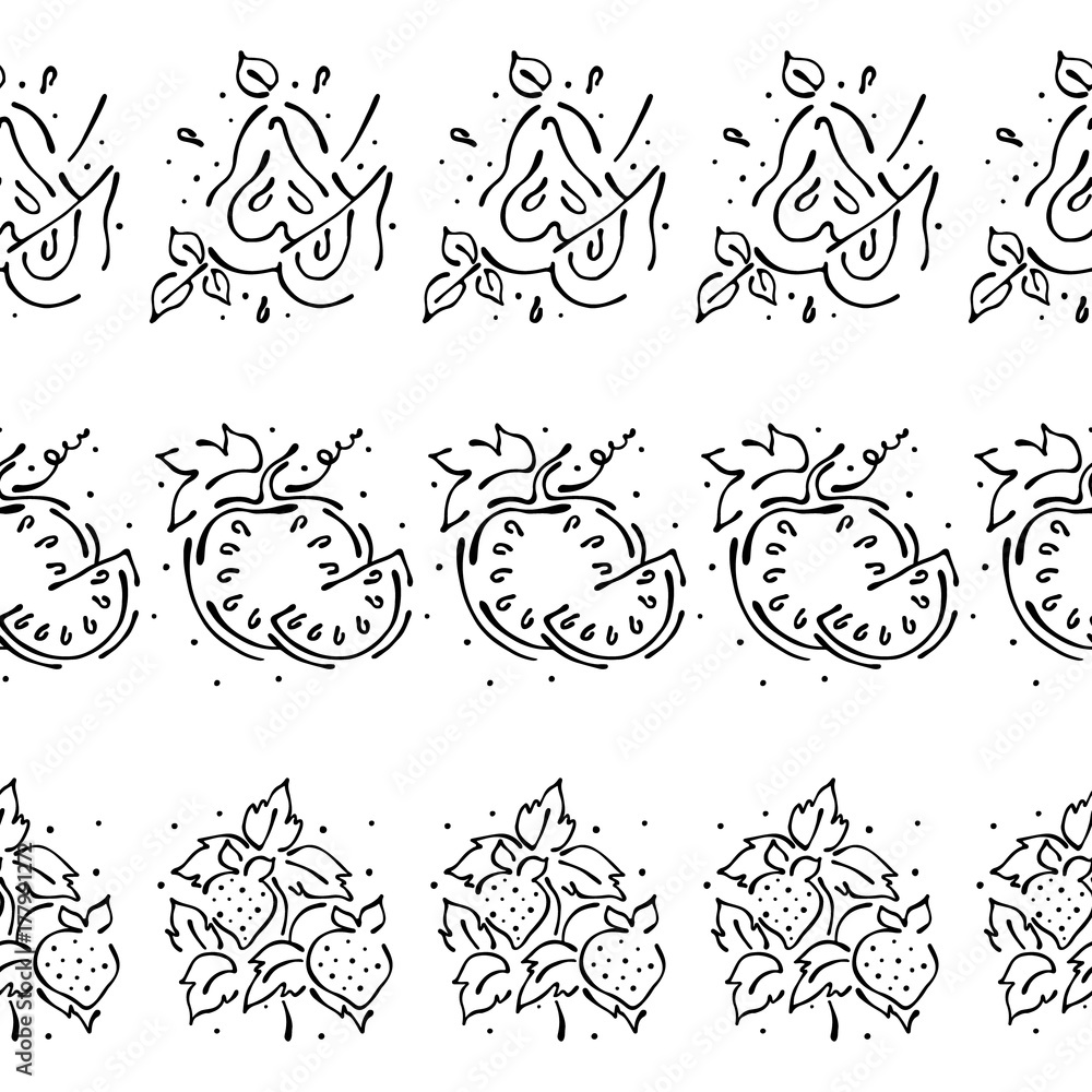 Vector set, fruits seamless pattern. Decorative border. Watermelon, strawberry, pear with leaves, decorative elements, Hand drawn contour lines and strokes Graphic illustration