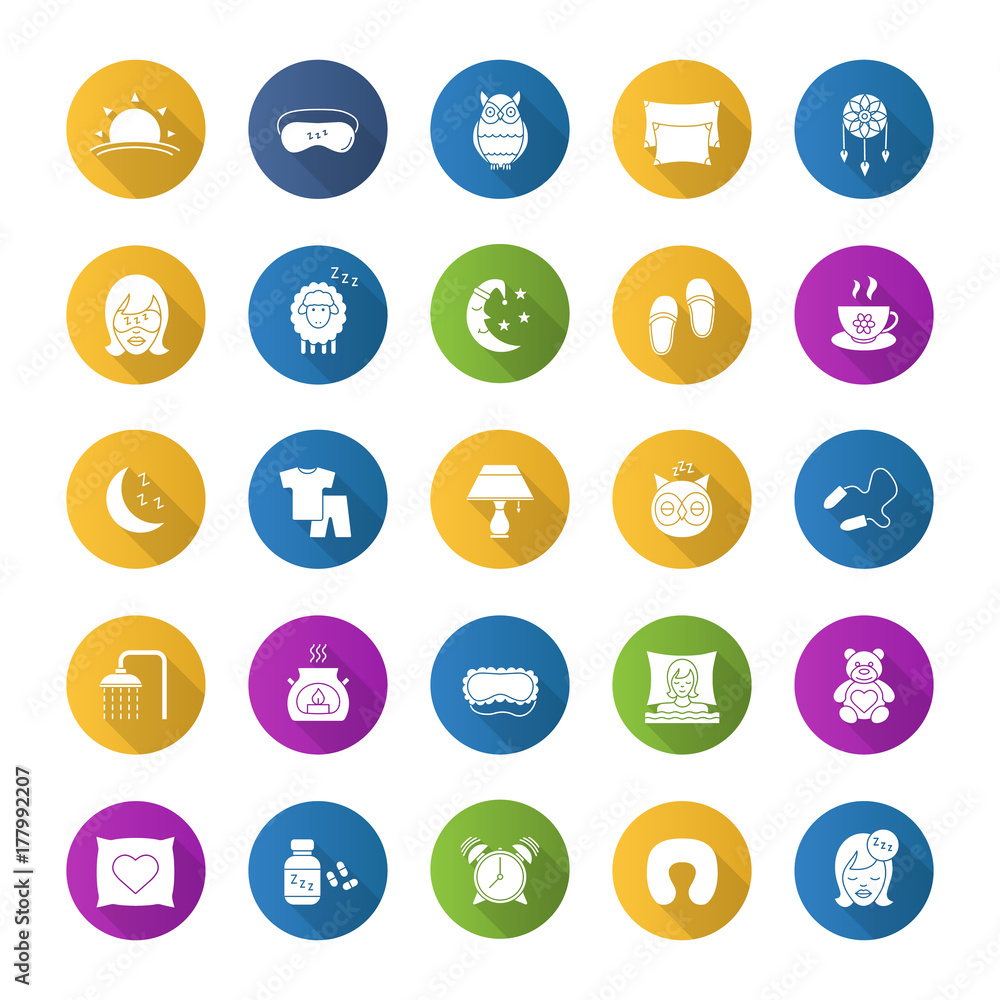 Sleeping accessories flat design long shadow glyph icons set Sleeping accessories flat design long shadow glyph icons set