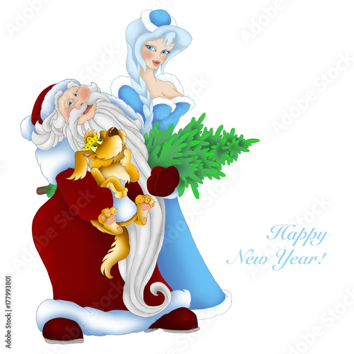 New Year postcard Santa Claus holding a dog (next year symbol) on white background