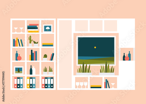 Living room with photo pictures and book shelves. Flat design vector illustration.