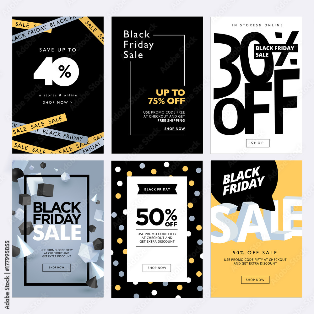 Fototapeta premium Black Friday sale banners. Set of social media web banners for shopping, sale, product promotion. Vector illustrations for website and mobile website banners, email and newsletter designs, ads.