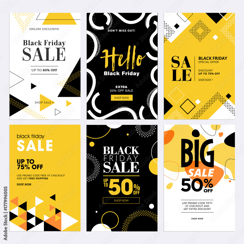 Fototapeta Black Friday sale banners. Set of social media web banners for shopping, sale, product promotion. Vector illustrations for website and mobile website banners, email and newsletter designs, ads.