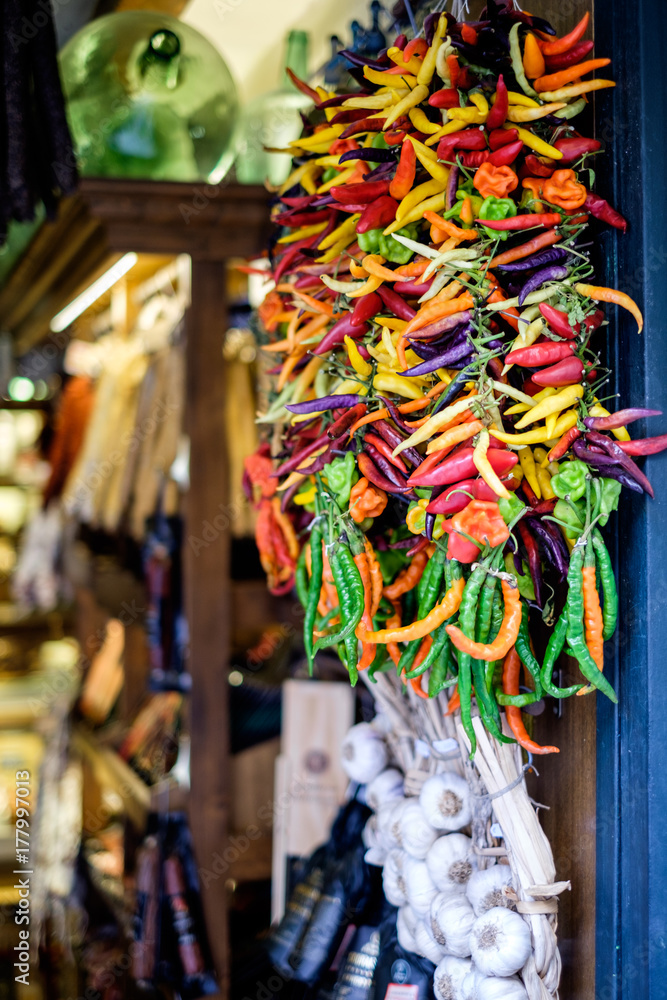 Shop with chilli peppers. Stores of Mallorca. Spicy.