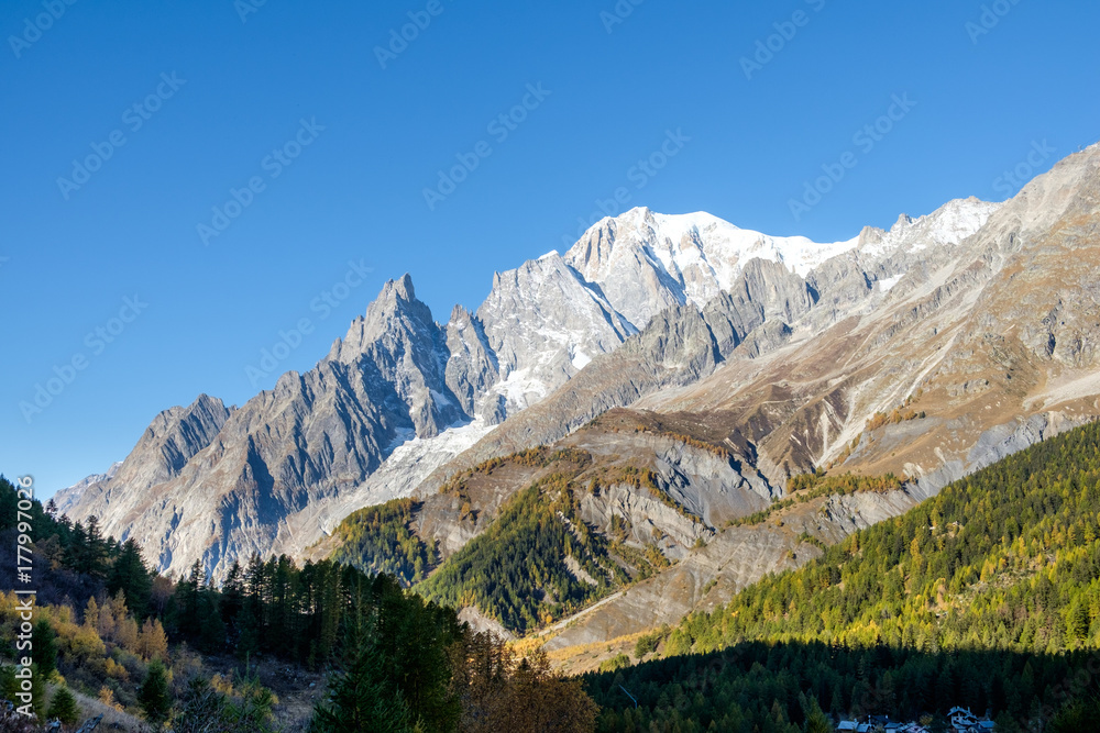 View of mountain peaks, of the Mont Blanc massif and coniferous forests in autumn, Val Ferret, Aosta valley, Italy
