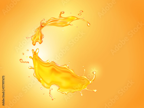 Orange juice splash background. Beer or honey realistic Vector illustration