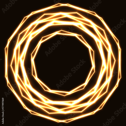 Shinning laser golden magic circles. Dark background with neon gold glow rings with empty centre - place for text