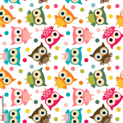 Cute colorful bird seamless pattern with owls and dots for kids stationery designs and clothing