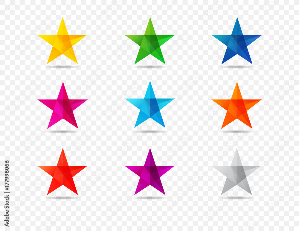 Stars colored shape icons isolated on transparent background. Colorful vector star icons on transparent background for christmas card or celebration greeting template Stars colored shape icons isolated on transparent background. Colorful vector star icons on transparent background for christmas card or celebration greeting template