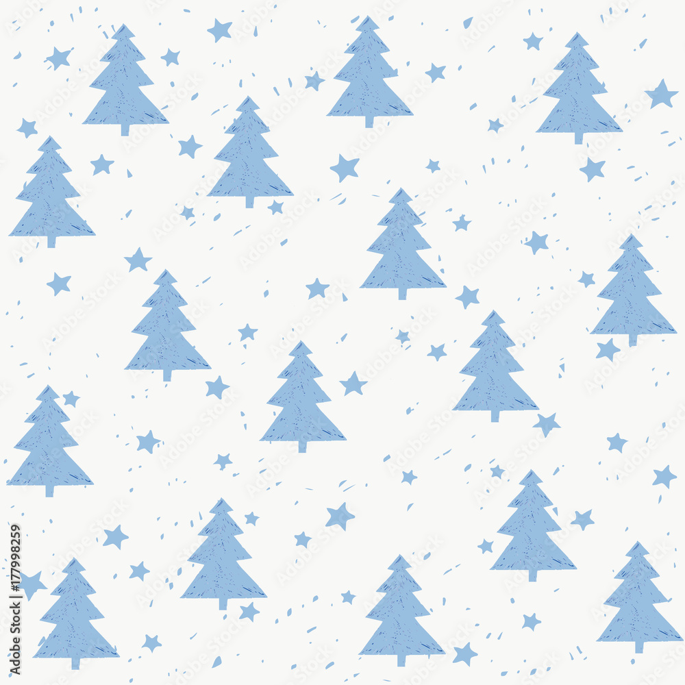 Hand made fir tree stars snow vector pattern. Happy New Year and christmas holidays background banner.