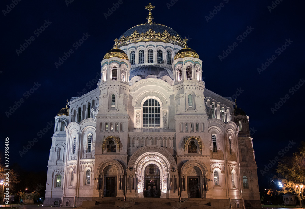 Naval cathedral of Saint Nicholas at night in Kronstadt, Russia