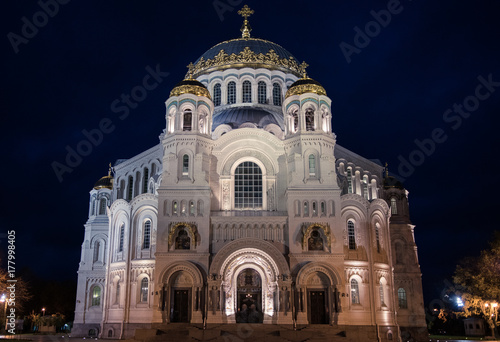 Naval cathedral of Saint Nicholas at night in Kronstadt, Russia